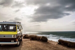 Vintage camper van by the ocean 13