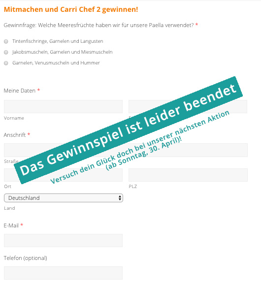 Formular Gewinnspiel beendet