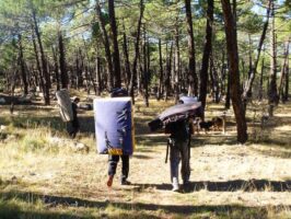 Boulderer mit Bouldermatten im Wald