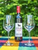 Eine Flasche Wein und zwei Weinglaeser die im Camper nicht verrutschen