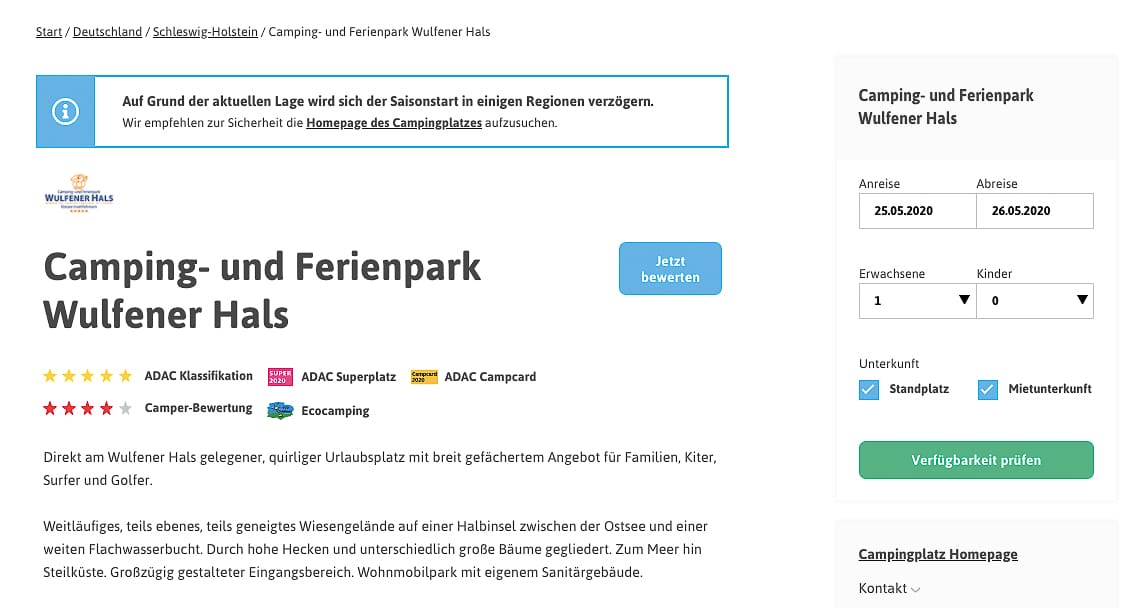 Portal zum Campingplatz buchen