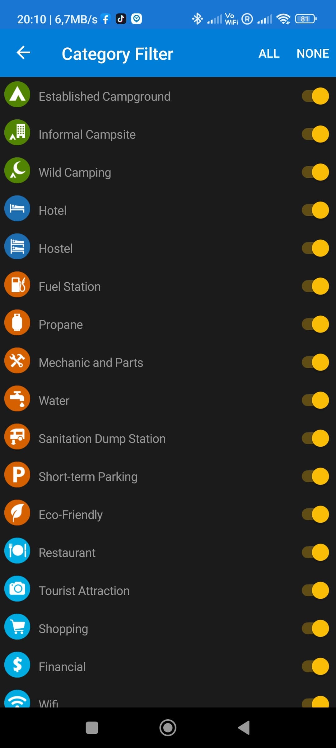 Camping Apps iOverlander Filterfunktionen