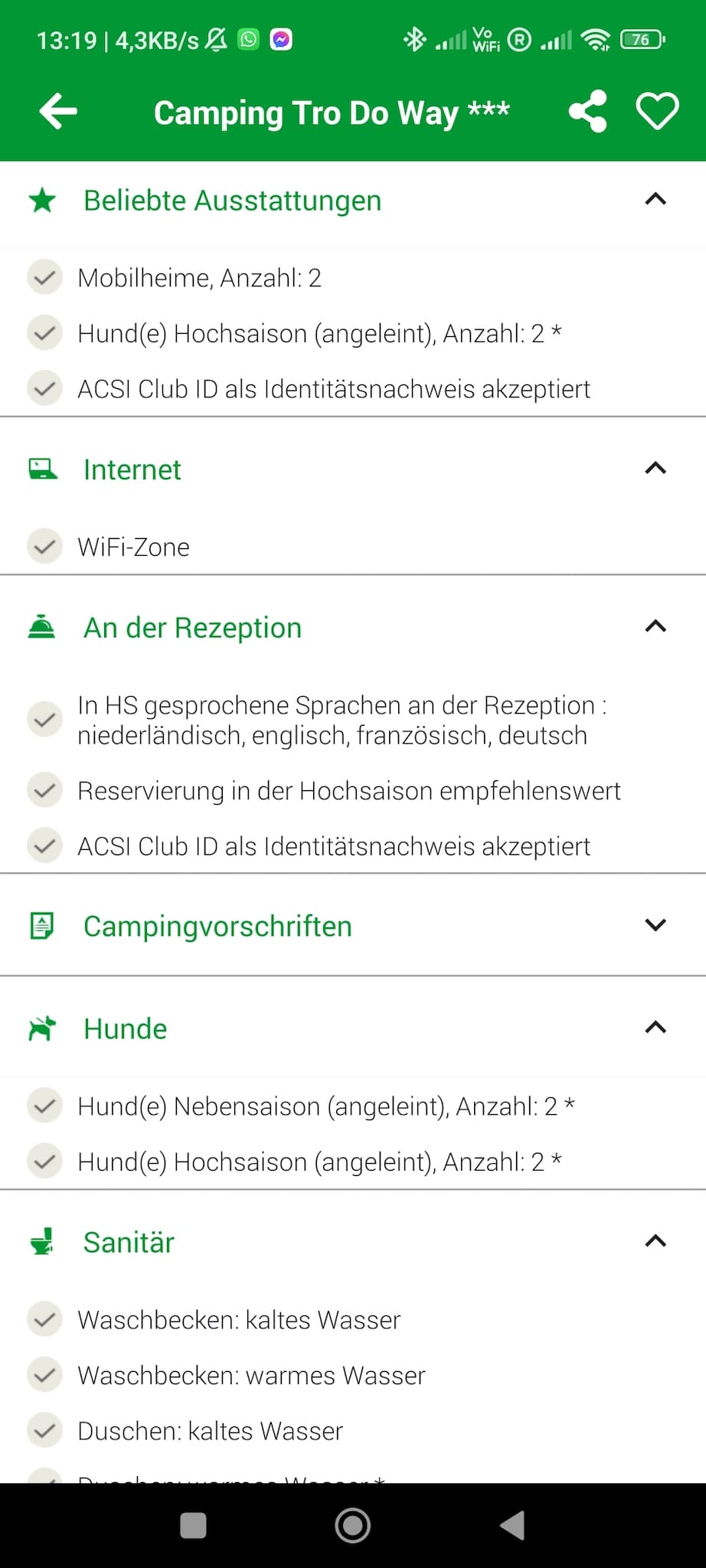 ACSI app europa campingplatz ausstattung