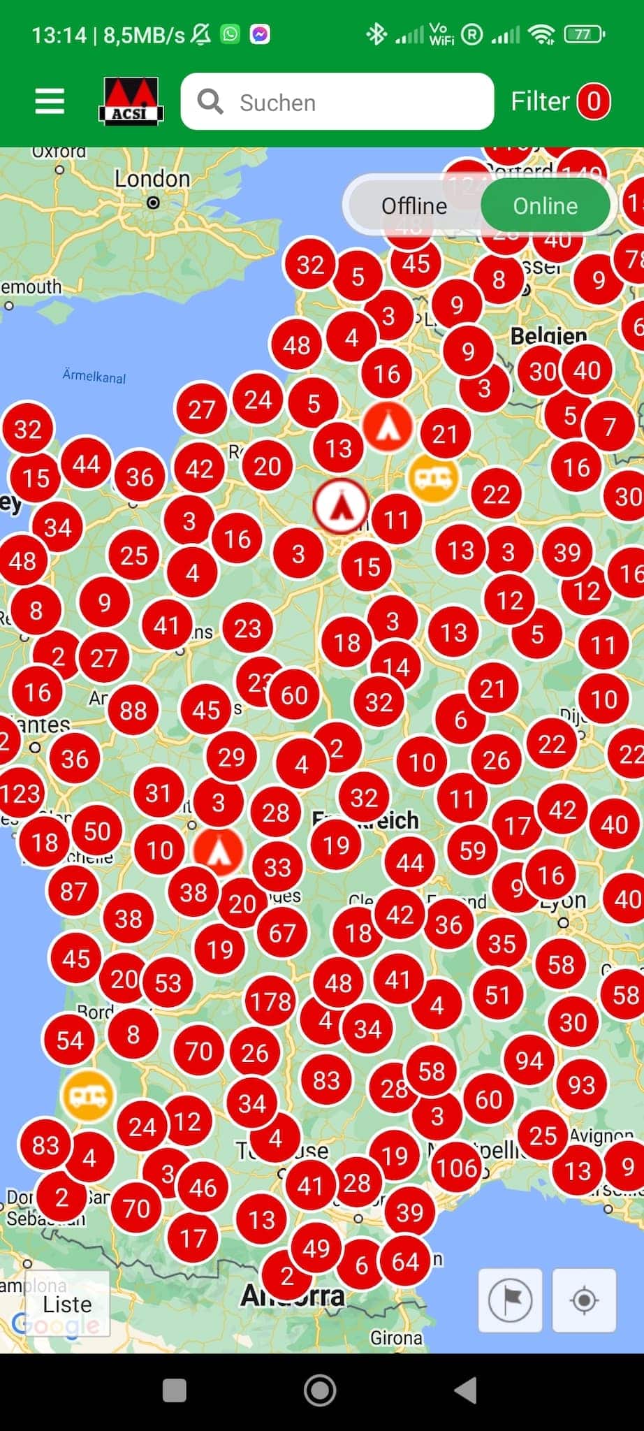 acsi app camping europa uebersichtskarte