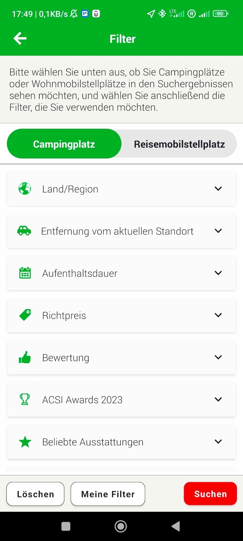 acsi camping europa app filter