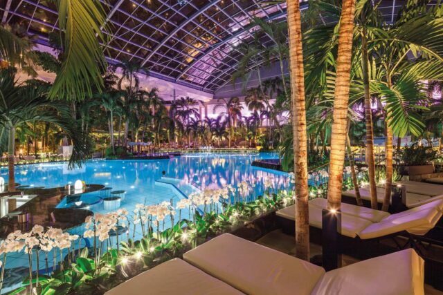 Thermen und Badewelt Sinsheim in Baden-Württemberg bei Nacht: Palmen und Orchideen um das Becken herum