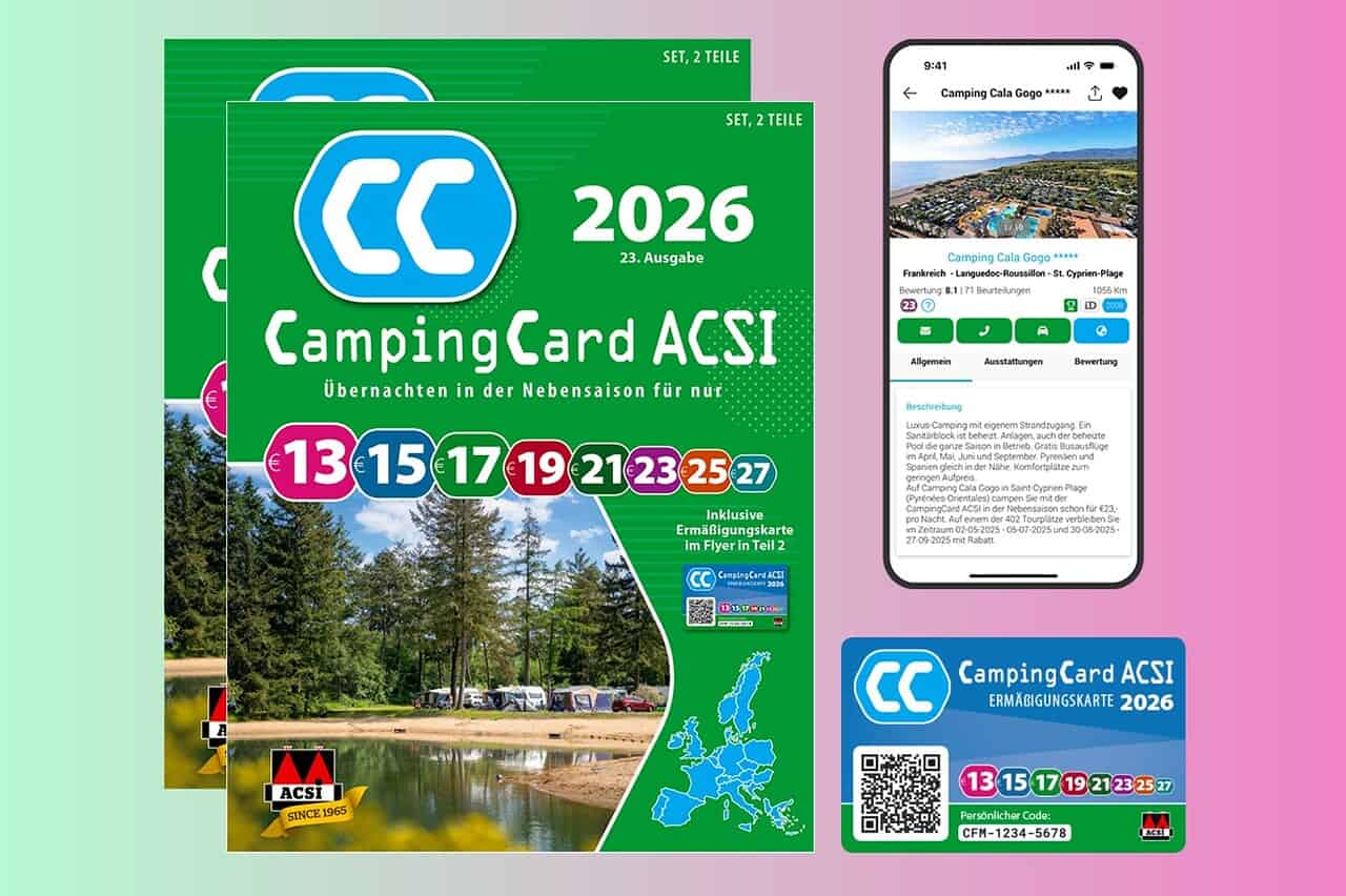 CampingCard ACSI 2026, günstige Campingübernachtungen in Europa, praktische Reisebegleitung für Camper.