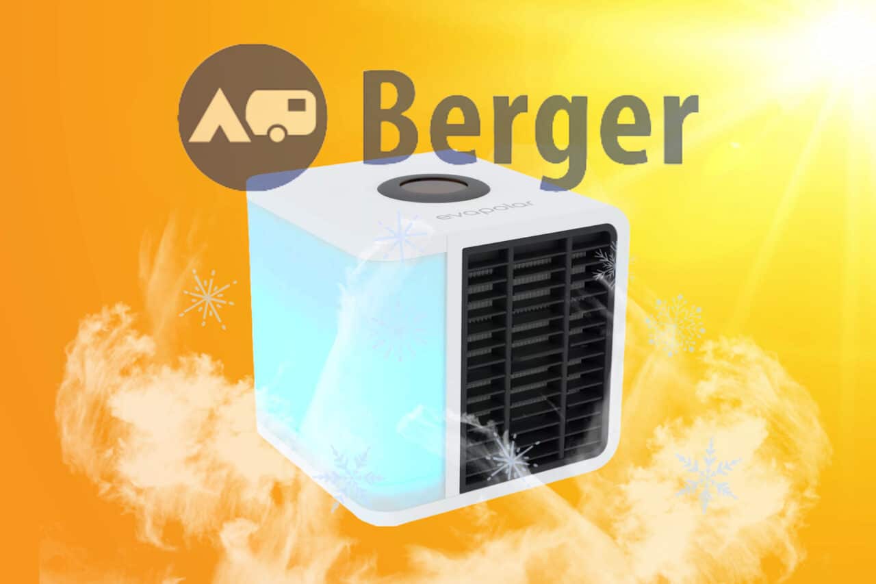 Evapolar Klimagerät bei Fritz Berger auf orangenem Hintergrund mit Schneeflocken vor der Klimaanlage