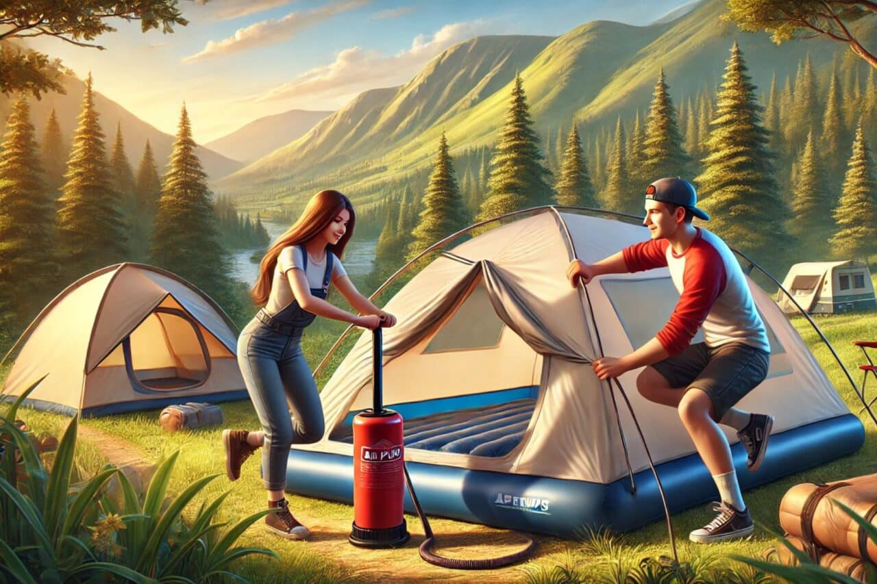 camper beim aufblasen ihres zeltes