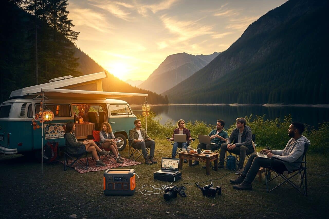 Camper sitzen mit Powerstation draußen vor dem VW Bulli und genießen den Sonnenuntergang am See