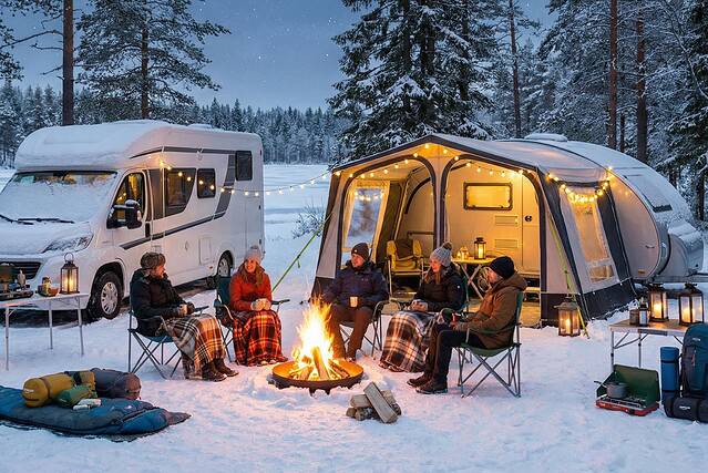 Wintercamping mit Wohnmobil und Zelt, gemütliche Atmosphäre am Lagerfeuer in verschneiter Natur.