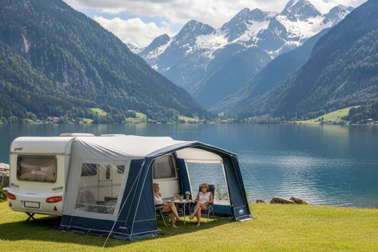 Luftvorzelt an einem Wohnwagen beim Camping am See