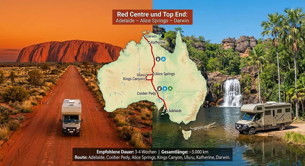 Mit dem Wohnmobil durch Australien – Routen, Miet-Tipps & wichtige Reiseinfos 6 Camper in Australiens Outback mit Karte und Wasserfall im Hintergrund, klimatisiert und flexibel unterwegs.