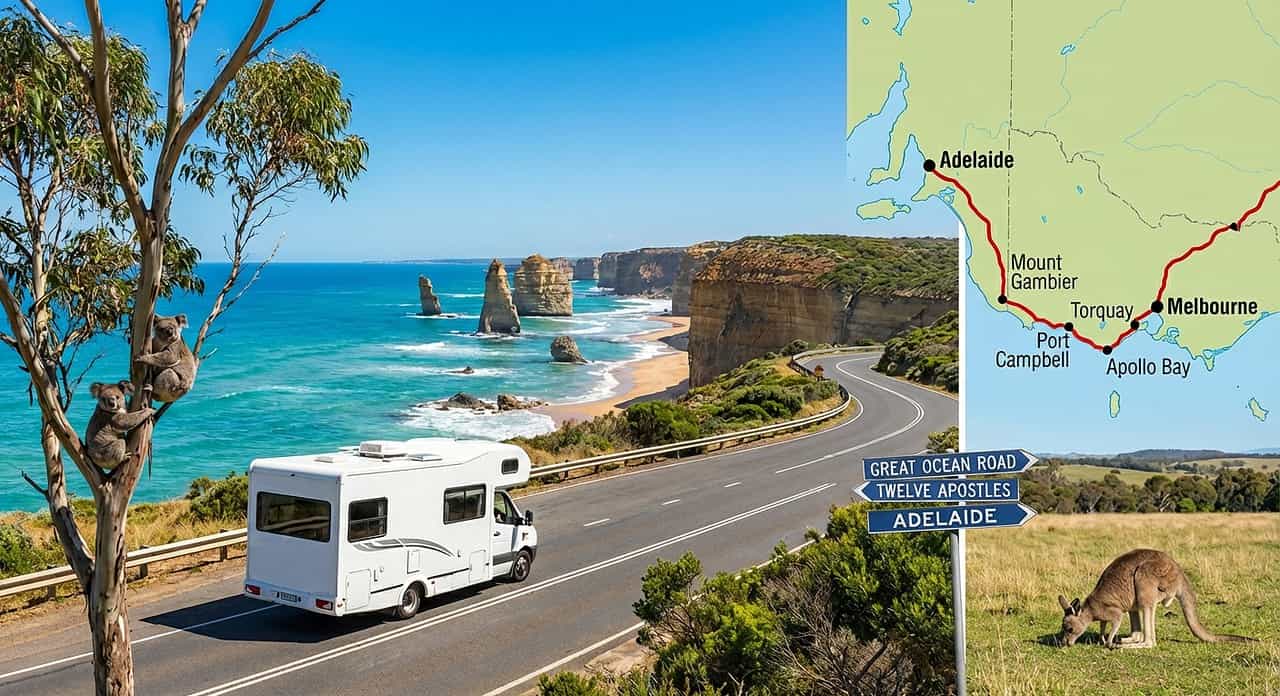 Mit dem Wohnmobil durch Australien – Routen, Miet-Tipps & wichtige Reiseinfos 5 Wohnmobil auf australischer Küstenstraße mit Kängurus, Felsen und Meer im Hintergrund.