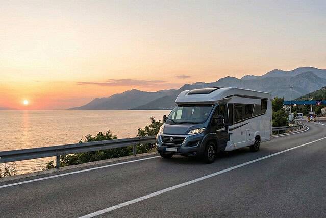 Moderne Wohnmobile für Roadtrips und Camping in atemberaubender Küstenlandschaft.