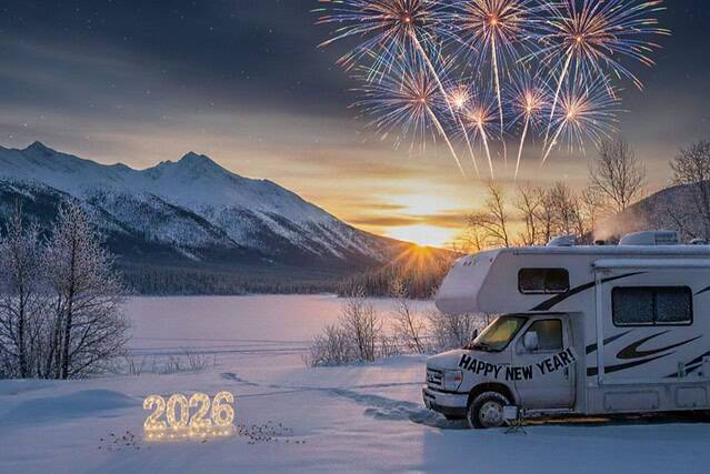 Blick auf Feuerwerk, Schnee, Berge und ein Wohnmobil mit "HAPPY NEW YEAR" Schriftzug im Schnee.