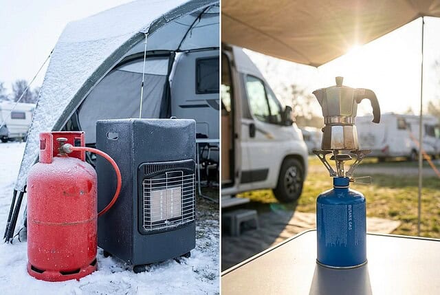 Gasflasche und Campingkocher im Schnee