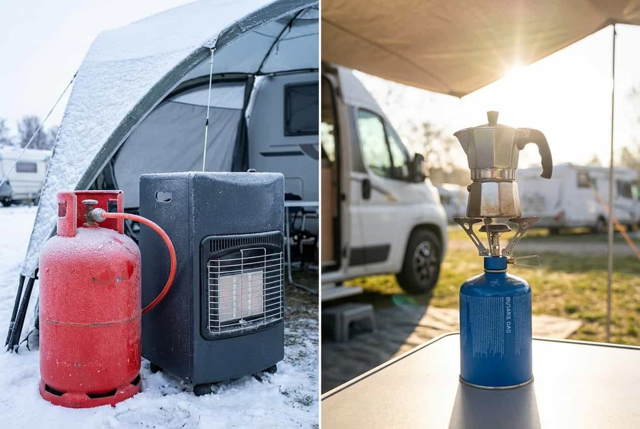 Gasflasche und Campingkocher im Schnee