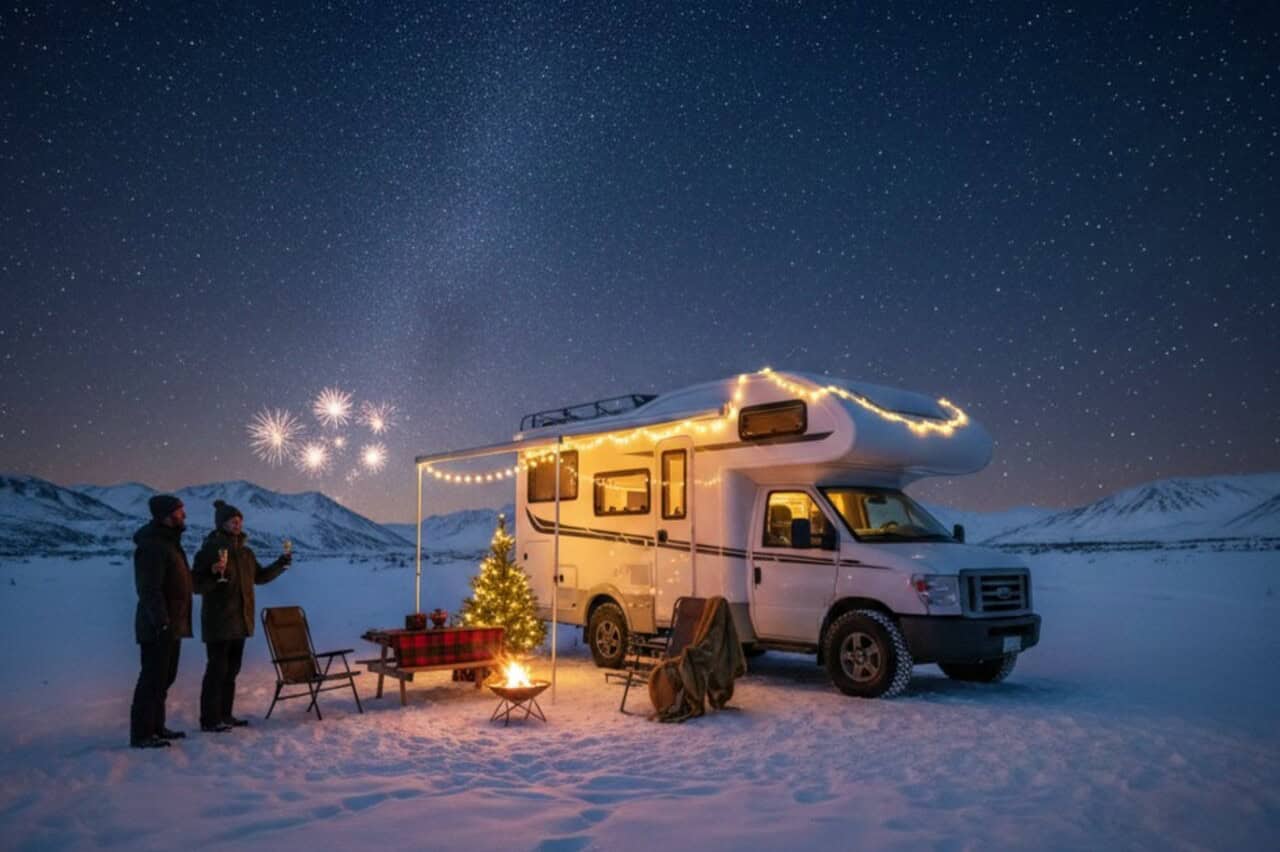 Gemütliches Wohnmobil im Winter mit Weihnachtsbeleuchtung und Feuerstelle, umgeben von Schneelandschaft und Bergen.