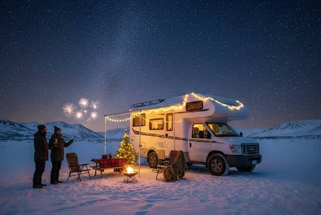 Gemütliches Wohnmobil im Winter mit Weihnachtsbeleuchtung und Feuerstelle, umgeben von Schneelandschaft und Bergen.