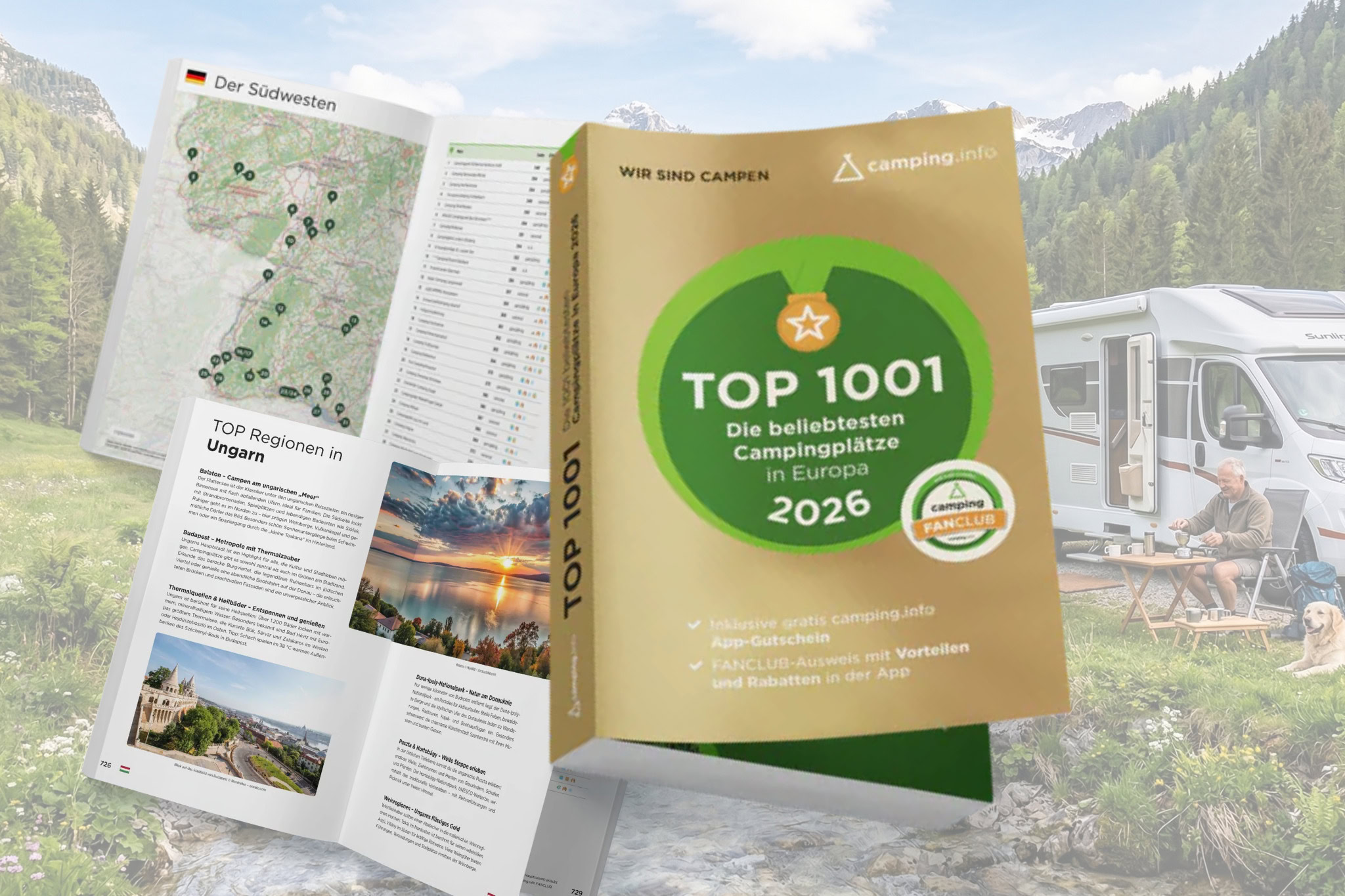 TOP 1001 Campingführer 2026 von camping.info: Die 1001 beliebtesten Campingplätze Europas im „Goldenen Buch“